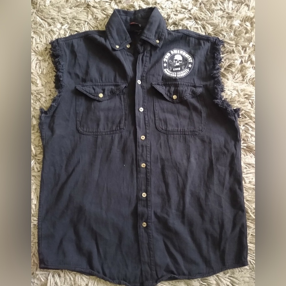 Hot Leathers 2nd Amendment Black Sleeveless Denim Button Down